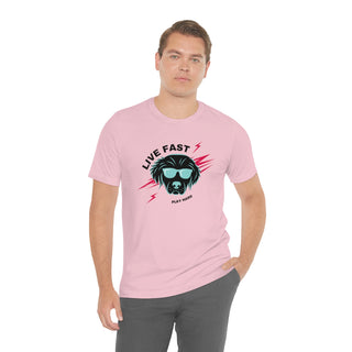 Play Hard Unisex Jersey Short Sleeve Tee Shirt in Pink. The design features a cool dog with sunglasses and lightening bolts arond it. The phrase "Live Fast, Play Hard" is around the design.