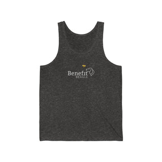 Bee Pawsitive Unisex Jersey Tank shirt in Charcoal Black Triblend. The front of shirt features the Bee Pawsitive Benefit Beagle Logo. The back of shirt showcases a dog dressed as a bee in a field of sunflowers with "Bee Pawsitive" written above.