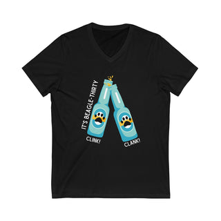 Beagle-Thirty Bottles Unisex Jersey Short Sleeve V-Neck Tee in Black. The front of shirt showcases Two Paw Labeled Bottles clinking with the saying, "It's Beagle-Thirty". Back of shirt features corresponding Benefit Beagle Logo.