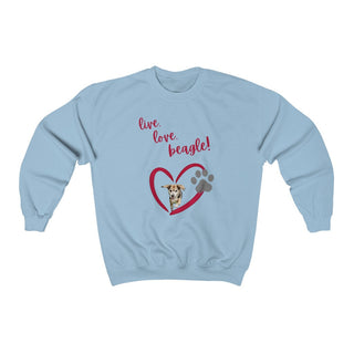 Live, Love, Beagle Crewneck Sweatshirt in Light Blue. The Live, Love, Beagle design features a dog running through a heart with the phrase "Live, Love, Beagle!" above it.