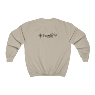 Adventures Await Unisex Crewneck Sweatshirt in Sand. Shown is the back of shirt with a Nautical Compass Benefit Beagle Logo. The front of shirt features the Adventures Await design with a dog inside a nautical compass and the words "Adventures Await" above it.