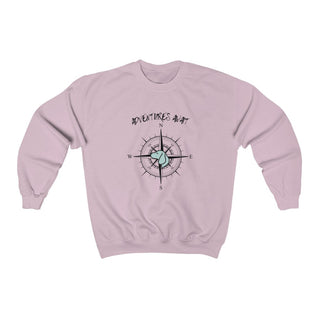 Adventures Await Unisex Crewneck Sweatshirt in Light Pink. The front of shirt features the Adventures Await design with a dog inside a nautical compass and the words "Adventures Await" above it. The back of the shirt has similar Benefit Beagle Logo.