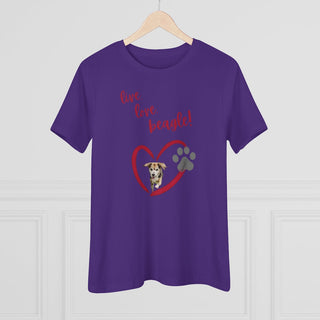 Live, Love, Beagle Women's Premium Tee in Purple. The Live, Love, Beagle design features a dog running through a heart with the phrase "Live, Love, Beagle!" above it.