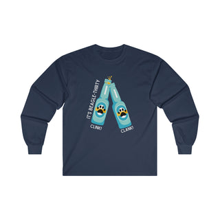 Beagle-Thirty Bottles Unisex Ultra Cotton Long Sleeve Tee in Navy. The front of shirt showcases Two Paw Labeled Bottles clinking with the saying, "It's Beagle-Thirty". Back of shirt features corresponding Benefit Beagle Logo.