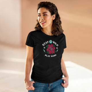 Stay Wild Women's Midweight Cotton Tee in Black. Shown is front of Stay Wild Design features a tattoo style rose with the phrase "Stay Wild, Play Hard" around it. The back of shirt features the Stay Wild Benefit Beagle Logo Design.