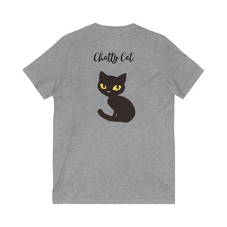 Meow Unisex V-Neck Tee in Athletic Heather. Shown is back showcasing a wide eyed black cartoon cat with the phrase "Chatty Cat" above it. On front of shirt is the Benefit Beagle Logo featuring a peeping cat.