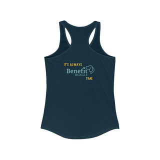 Beagle-Thirty Bottles Women's Racerback Tank in Midnight Navy. Shown is back of shirt featuring "Beagle-Thirty" Benefit Beagle Logo. The front Showcases Two Paw Labeled Bottles clinking with, "It's Beagle-Thirty" written next to it.