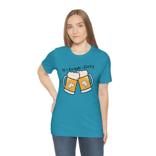 Beagle-Thirty Mugs Unisex Jersey Short Sleeve Tee in Aqua. The front of shirt showcases Two Dog Adorned Mugs clinking with the saying, "It's Beagle-Thirty" above it. Back of shirt features corresponding Benefit Beagle Logo.