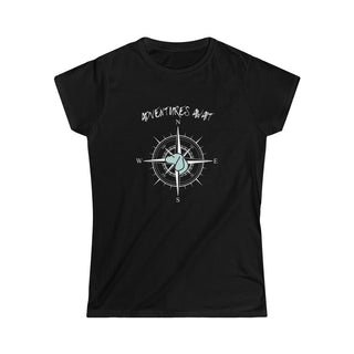 Adventures Await Women's Softstyle Tee in Black. The front of shirt features the Adventures Await design with a dog inside a nautical compass and the words "Adventures Await" above it. The back of the shirt has similar Benefit Beagle Logo.