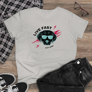 Play Hard Women's Midweight Cotton Tee shirt in Ash. The design features a cool dog with sunglasses and lightening bolts behind it. The phrase "Live Fast, Play Hard" is around the design.