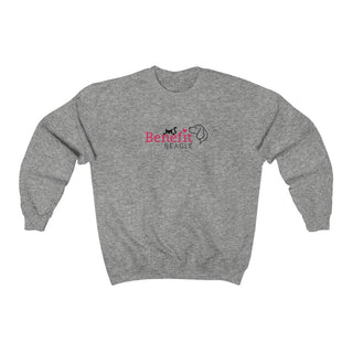 Meow Unisex Crewneck Sweatshirt in Sport Grey. Shown is front of shirt with the Benefit Beagle Logo featuring a peeping cat. The back showcases a wide eyed black cartoon cat with the phrase "Chatty Cat" above it.