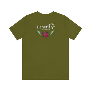 Stay Wild Premium Unisex Tee in Olive. Shown is the back of shirt with Benefit Beagle Logo complete with Tattoo Rose. On front of shirt is Stay Wild Design featuring a tattoo style rose with the phrase "Stay Wild, Play Hard" around it.