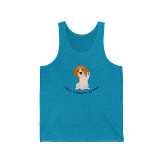 Easily Distracted Unisex Jersey Tank in Aqua Triblend. Shown is front design featuring a dog waving with the saying "Easily Distracted by Dogs" below it. The back of shirt has the classic Benefit Beagle Logo.