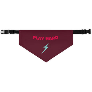 Play Hard Dog Collar Bandana in Maroon. The Play Hard design features the phrase "Play Hard" with a lightening bolt under it. Comes with adjustable black collar.