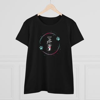 Dog Hair is my Glitter Women's Midweight Cotton Tee in Black. The Dog Hair is my Glitter design features a dog with the phrase "Dog Hair is my Glitter" above it and it is surrounded by a circle with paw prints.