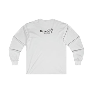 Easily Distracted Ultra Cotton Long Sleeve Tee in White. Shown is back design with the classic Benefit Beagle Logo. The front design features a dog waving with the saying "Easily Distracted by Dogs" below it.