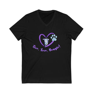 Live, Love, Beagle Unisex V-Neck Tee in Black. The Live, Love, Beagle design features a dog running through a heart with the phrase "Live, Love, Beagle!" under it.