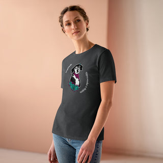 Signature Tattoo Roses Women's Premium Tee in Asphalt. Shown is front of shirt with the Signature Tattoo Roses design featuring a dog with roses around it and the phrase "Beagletude" and "Nothing is Impawssible". Back of shirt features the Benefit Beagle Logo.