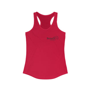 Live in the Moment Women's Ideal Racerback Tank in Red. The Live in the Moment design features the Benefit Beagle logo in the top corner of the garment.