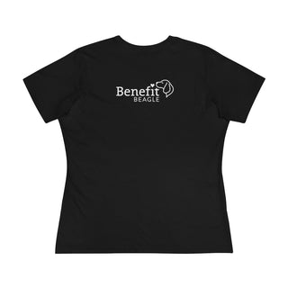 Signature Tattoo Flowers Women's Premium Tee in Black. Shown is back of shirt with the Benefit Beagle Logo. Front of shirt has the Signature Tattoo Flowers design featuring a dog with flowers around it and the phrase "Beagletude" and "Nothing is Impawssible".