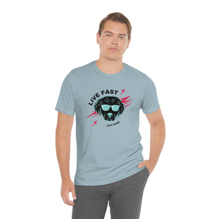 Play Hard Unisex Jersey Short Sleeve Tee Shirt in Light Blue. The design features a cool dog with sunglasses and lightening bolts around it. The phrase "Live Fast, Play Hard" is around the design.