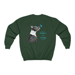 Lincoln Butterfly Unisex Crewneck Sweatshirt in Forest Green. Shown is back of shirt design showcasing profile of a dog with a blue butterfly on its nose and the phrase "Kindness is Strength" next to it. The front of shirt has Benefit Beagle Logo kissed by a Butterfly.