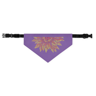 You are my Sunshine Pet Bandana Collar in Purple. The You are my Sunshine design features half of a sunflower made out of little paw prints. Comes with adjustable black collar.