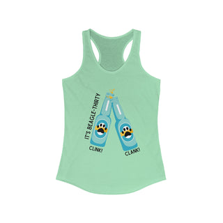 Beagle-Thirty Bottles Women's Racerback Tank in Mint. The front of shirt showcases Two Paw Labeled Bottles clinking with the saying, "It's Beagle-Thirty". Back of shirt features corresponding Benefit Beagle Logo.