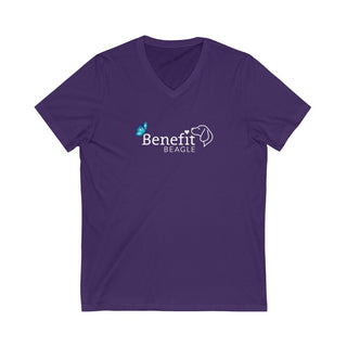 Lincoln Butterfly Unisex V-Neck Tee in Team Purple. Shown is the front of shirt with Benefit Beagle Logo kissed by butterfly. The back of shirt showcases profile of a dog with a blue butterfly on its nose and the phrase "Kindness is Strength" next to it.