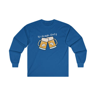 Beagle-Thirty Mugs Unisex Ultra Cotton Long Sleeve Tee in Royal. The front of shirt showcases Two Dog Adorned Mugs clinking with the saying, "It's Beagle-Thirty" above it. Back of shirt features corresponding Benefit Beagle Logo.