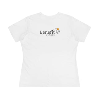 You are my Sunshine Women's Premium Tee shirt in White. Shown is back of shirt featuring the Sunflower Benefit Beagle Logo. The front showcases a sunflower which is split down the middle and half is made out of paw prints. Underneath is the phrase "You are my Sunshine".