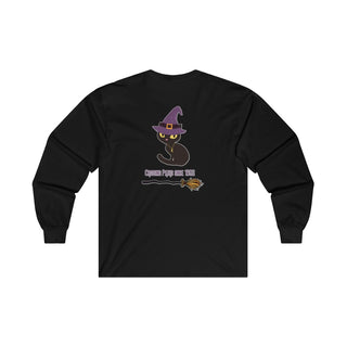 Witchy Cat Unisex Ultra Cotton Long Sleeve Tee. Back side shown in Black with Wide Eyed Cartoon Cat wearing Purple Hat Standing over Broom. "Crossing Paths Since 1692". On the front of shirt is similar Witchy Benefit Beagle Logo. Purrfect for Halloween, or anytime!