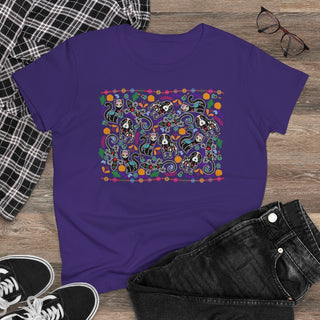 Dia De Los Muertos Women's Midweight Cotton Tee Shirt in Purple. Shown is the front of shirt featuring print of dogs and cats with Dia de los Muertos traditional decorations. On the back is a similar Benefit Beagle Logo.