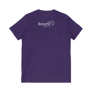 Easily Distracted Unisex Jersey Short Sleeve V-Neck Tee in Purple. Shown is back design with the classic Benefit Beagle Logo. The front design features a dog waving with the saying "Easily Distracted by Dogs" below it.