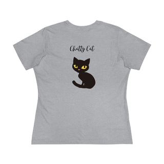 Meow Women's Premium Tee in Athletic Heather. Shown is back showcasing a wide eyed black cartoon cat with the phrase "Chatty Cat" above it. On front of shirt is the Benefit Beagle Logo featuring a peeping cat.