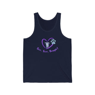 Live, Love, Beagle Unisex Jersey Tank in Navy. The Live, Love, Beagle design features a dog running through a heart with the phrase "Live, Love, Beagle!" under it.