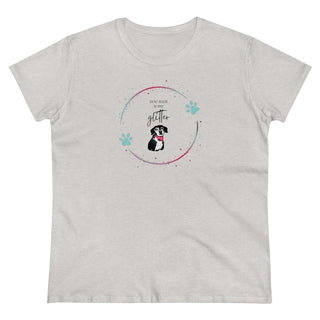 Dog Hair is my Glitter Women's Midweight Cotton Tee in Ash. The Dog Hair is my Glitter design features a dog with the phrase "Dog Hair is my Glitter" above it and it is surrounded by a circle with paw prints.