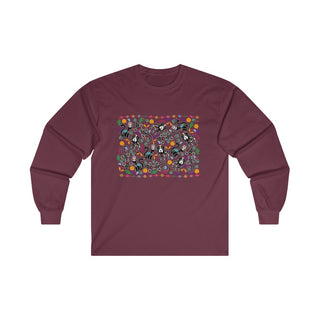 Dia De Los Muertos Unisex Ultra Cotton Long Sleeve Tee Shirt in Maroon. Shown is the front of shirt featuring print of dogs and cats with Dia de los Muertos traditional decorations. On the back is a similar Benefit Beagle Logo.