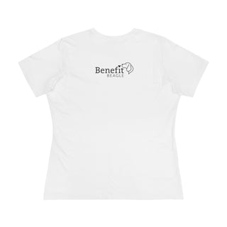 Easily Distracted Women's Premium Tee in White. Shown is back design with the classic Benefit Beagle Logo. The front design features a dog waving with the saying "Easily Distracted by Dogs" below it.