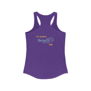 Beagle-Thirty Bottles Women's Racerback Tank in Purple Rush. Shown is back of shirt featuring "Beagle-Thirty" Benefit Beagle Logo. The front Showcases Two Paw Labeled Bottles clinking with, "It's Beagle-Thirty" written next to it.