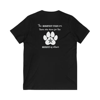 Brightest Star unisex V-Neck Tee shirt in Black. The Brightest Star design features a design on the back with the phrase "The brightest stars are those who shine for the benefit of others" with a pawprint and a nautical star.