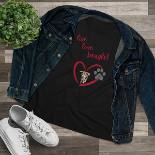 Live, Love, Beagle Women's Premium Tee in Black. The Live, Love, Beagle design features a dog running through a heart with the phrase "Live, Love, Beagle!" above it.