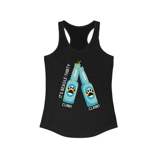 Beagle-Thirty Bottles Women's Racerback Tank in Black. The front of shirt showcases Two Paw Labeled Bottles clinking with the saying, "It's Beagle-Thirty". Back of shirt features corresponding Benefit Beagle Logo.