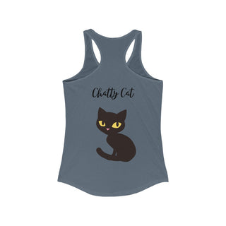 Meow Women's Racerback Tank in Indigo. Shown is back showcasing a wide eyed black cartoon cat with the phrase "Chatty Cat" above it. On front of shirt is the Benefit Beagle Logo featuring a peeping cat.