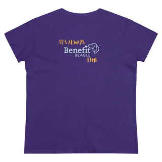 Beagle-Thirty Mugs Women's Midweight Cotton Tee in Purple. Shown is back of shirt featuring "Beagle-Thirty" Benefit Beagle Logo. The front Showcases Two Dog Adorned Mugs clinking with, "It's Beagle-Thirty" written above it.