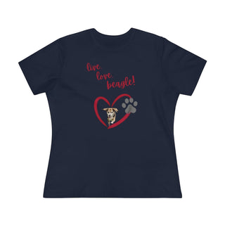 Live, Love, Beagle Women's Premium Tee in Navy. The Live, Love, Beagle design features a dog running through a heart with the phrase "Live, Love, Beagle!" above it.