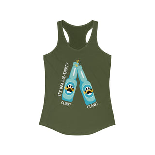 Beagle-Thirty Bottles Women's Racerback Tank in Military Green. The front of shirt showcases Two Paw Labeled Bottles clinking with the saying, "It's Beagle-Thirty". Back of shirt features corresponding Benefit Beagle Logo.