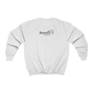 Signature Tattoo Roses Crewneck Sweatshirt in White. Shown is back of shirt with the Benefit Beagle Logo. Front of shirt has the Signature Tattoo Roses design featuring a dog with roses around it and the phrase "Beagletude" and "Nothing is Impawssible".