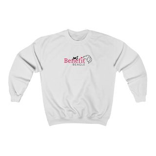 Meow Unisex Crewneck Sweatshirt in White. Shown is front of shirt with the Benefit Beagle Logo featuring a peeping cat. The back showcases a wide eyed black cartoon cat with the phrase "Chatty Cat" above it.