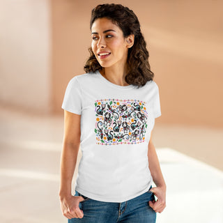 Dia De Los Muertos Women's Midweight Cotton Tee Shirt in White. Shown is the front of shirt featuring print of dogs and cats with Dia de los Muertos traditional decorations. On the back is a similar Benefit Beagle Logo.